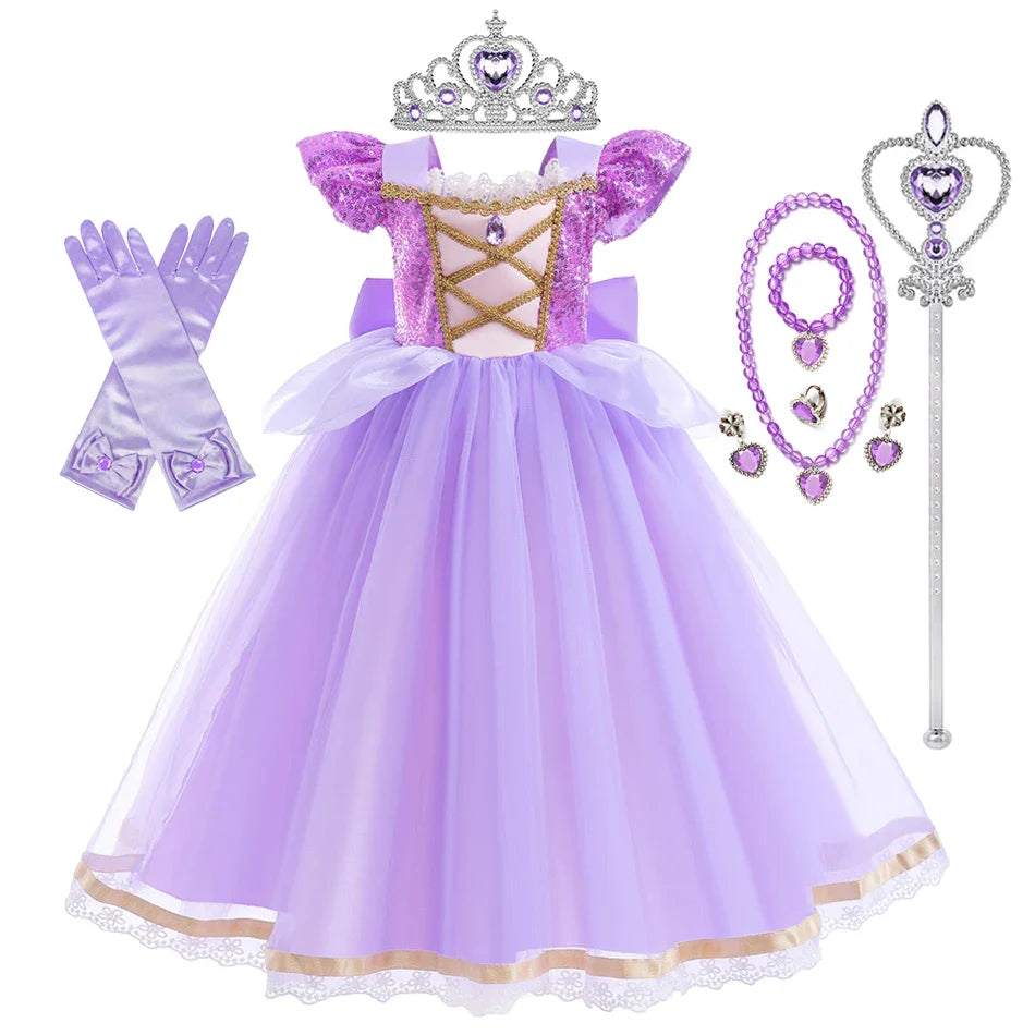 Vestido de Princesa Verão Rapunzel Menina Cosplay Enrolados Festa de Aniversário de Halloween Vestido Fantasia de Aniversário Infantil
