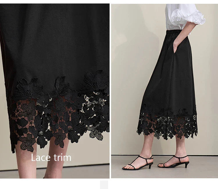 Women's Skirt 2026 Summer New Elastic Waist Cutout Lace Hem Midi Casual Loose Fit Floral Trim Skirt For Women 12622106