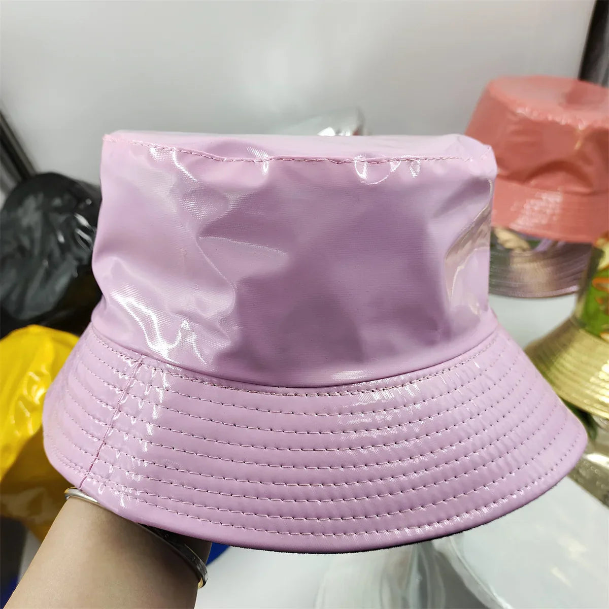 Colorful Shiny Leather Two Sided Fisherman Hat Women's and Men's Hip Hop Summer Sunshade Hat Foldable Bucket Hat
