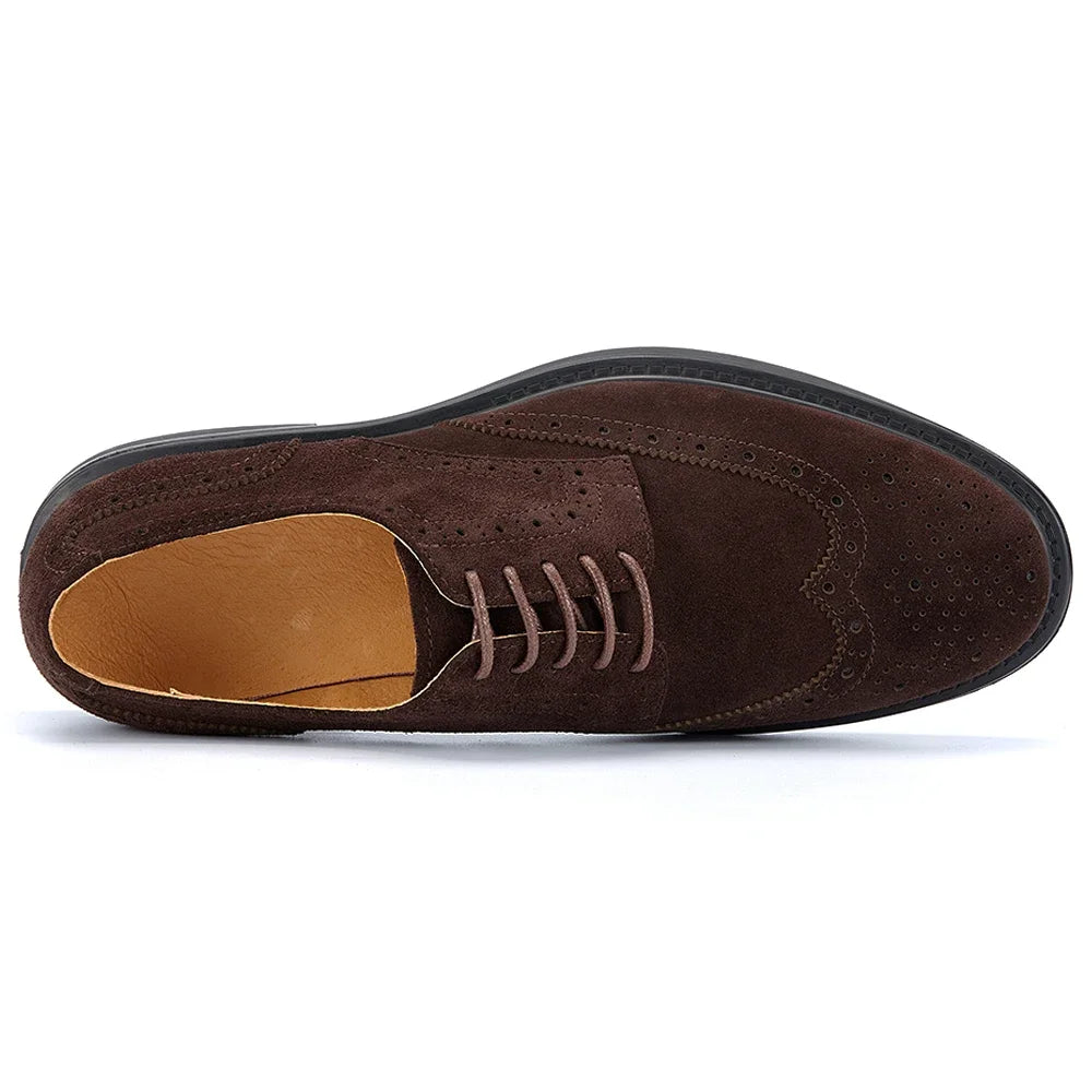 Men's Brogue Suede Leather Shoes, Handmade Carved Lace-up Derby Oxfords, Premium Cow Suede Upper Formal Business Casual Footwear