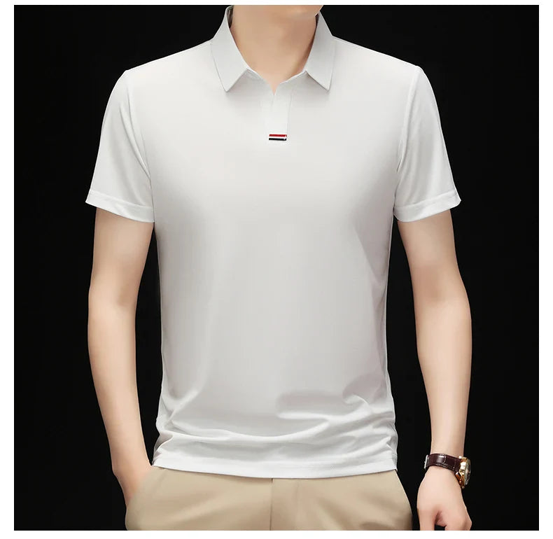 High quality brand solid color V-neck short sleeve polo shirt men summer fashion simple casual ice silk breathable lapel T-shirt