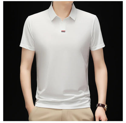 High quality brand solid color V-neck short sleeve polo shirt men summer fashion simple casual ice silk breathable lapel T-shirt