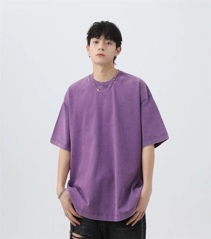 Japanese Korean Style Stir Fried Snowflake Washed T-Shirts Men Women Cotton Heavyweight Summer Hip Hop Streetwears Short Sleeved