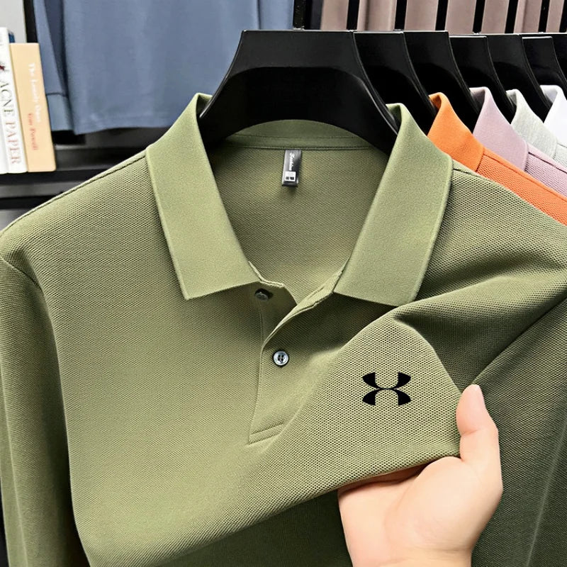 Men's brand polo shirt letter printed long sleeved top spring new 100% cotton casual sports breathable lapel fashionable T-shirt