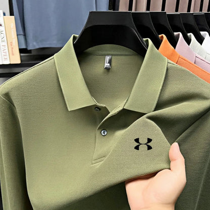 Men's brand polo shirt letter printed long sleeved top spring new 100% cotton casual sports breathable lapel fashionable T-shirt