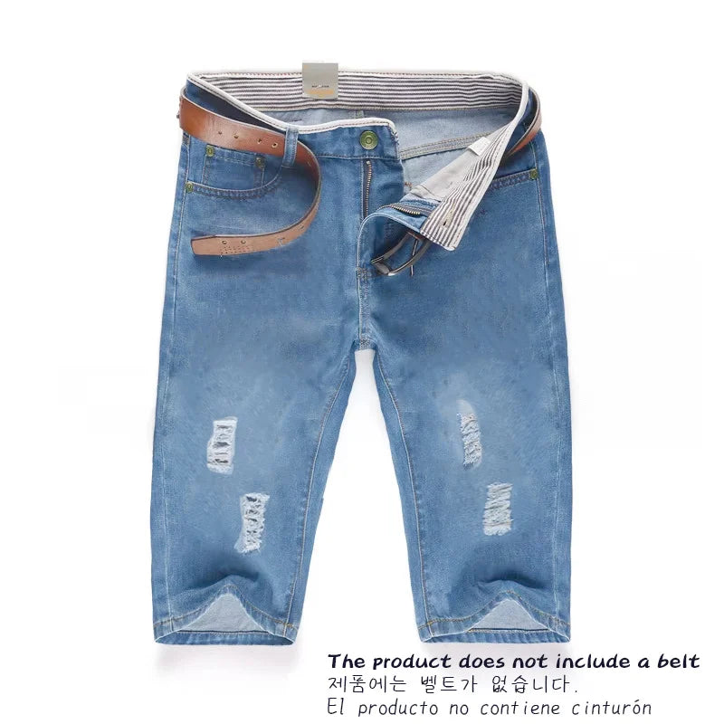 29-40 New Summer Men's Personalized Washable Perforated Denim Pants Large Casual Middle Pants