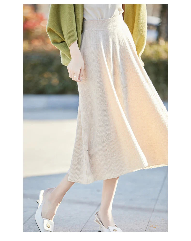 Autumn And Winter High Waist 100% Pure Wool Skirt Female Slim Long Knitted Wool Skirt Loose Wearing A-Line Skirt