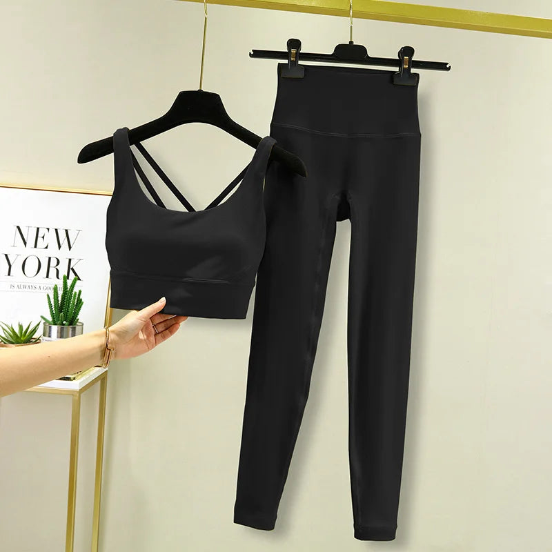 TRY TO BN Tummy Control Gym Set 2 Piece High Waisted Leggings Cross Bra Squat Proof Fitness Breathable Yoga Outfits Workout Set