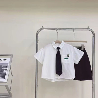 Boys Summer Formal Clothing Set 3PC Gentleman Outfit Short Sleeve Shirt Shorts with Tie for Toddler Kids Party School Daily Wear
