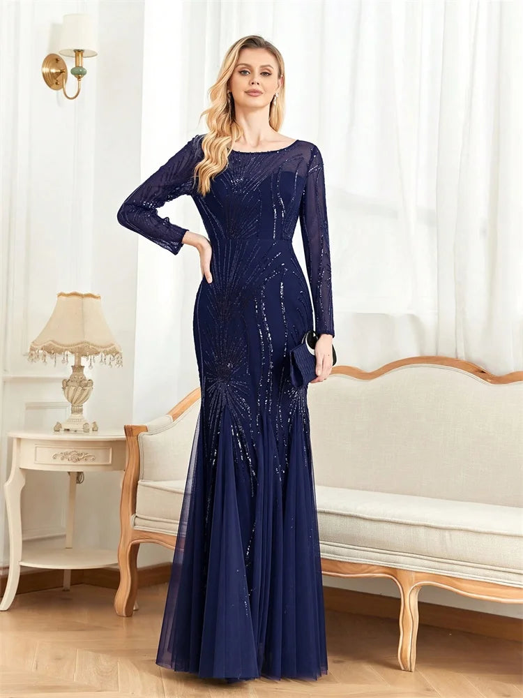 Elegant Long Sleeves Sequin Tulle Evening Dresses 2025 Women Luxury Mermaid Formal Bridesmaid Party Maxi Prom Dress