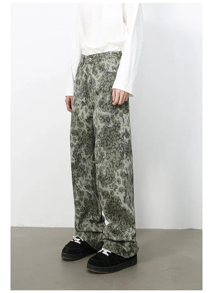Tide Camouflage Jeans Men's Ins Loose Straight Wide Leg Casual Denim Pants Loose Male Trousers 12C2036