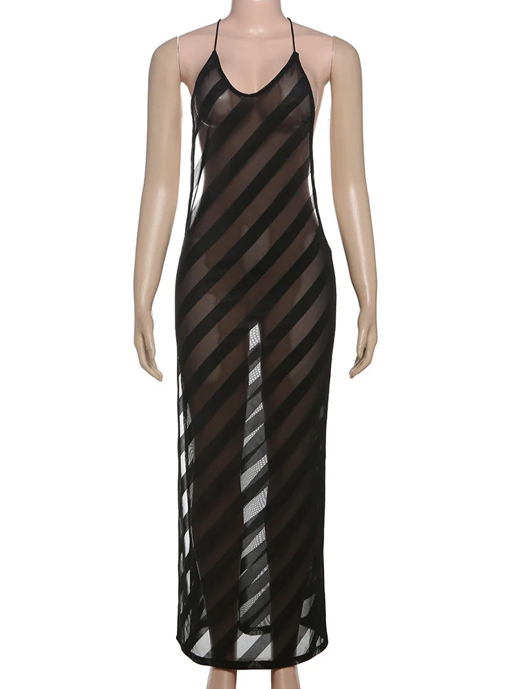 Summer Release Junior Ankle-Length Sexy High Street Dress Perspective Girl Solid Halter Slim Cleavage Backless Robe