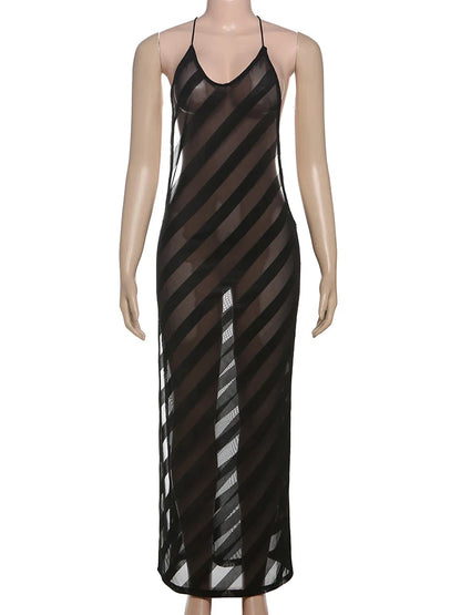 Summer Release Junior Ankle-Length Sexy High Street Dress Perspective Girl Solid Halter Slim Cleavage Backless Robe