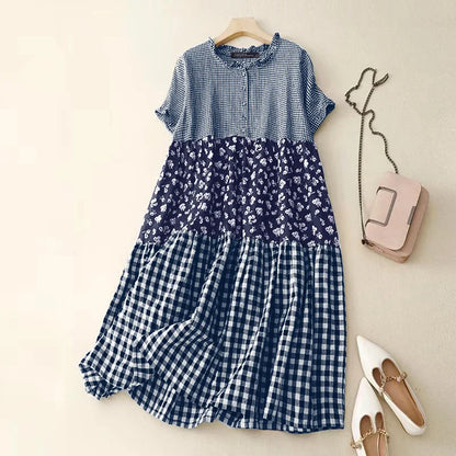 Women Plaid Long Dress 2024 Summer Holiday Pleating Stitching Shirt Dress Casual Loose Short Sleeve Robe Fashion Sundress