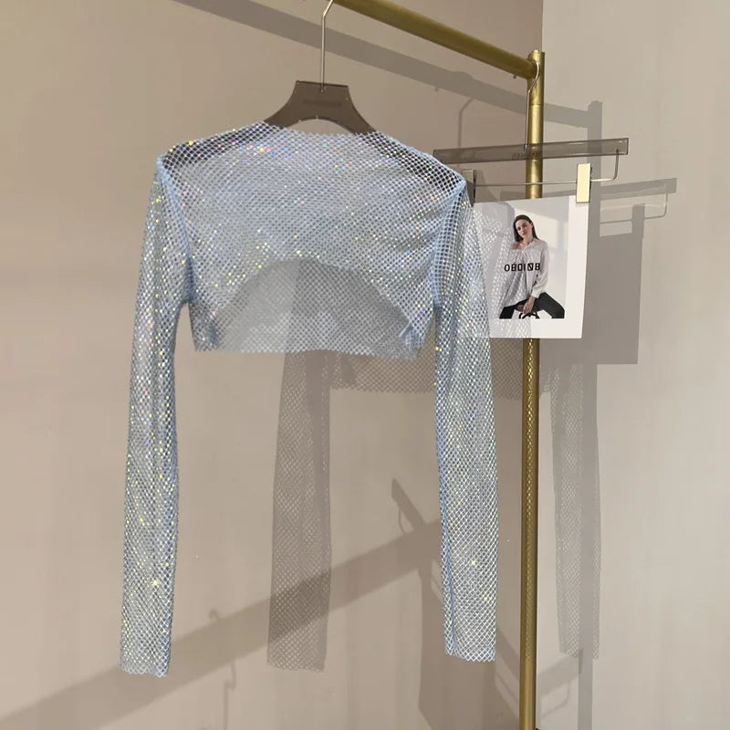 new sexy bright diamond short top Slim thin Ms. hot drill long-sleeved T-shirt sexy leak waist nightclub