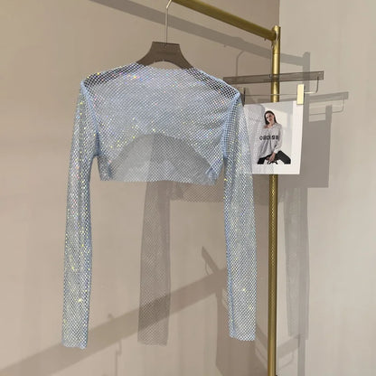 new sexy bright diamond short top Slim thin Ms. hot drill long-sleeved T-shirt sexy leak waist nightclub