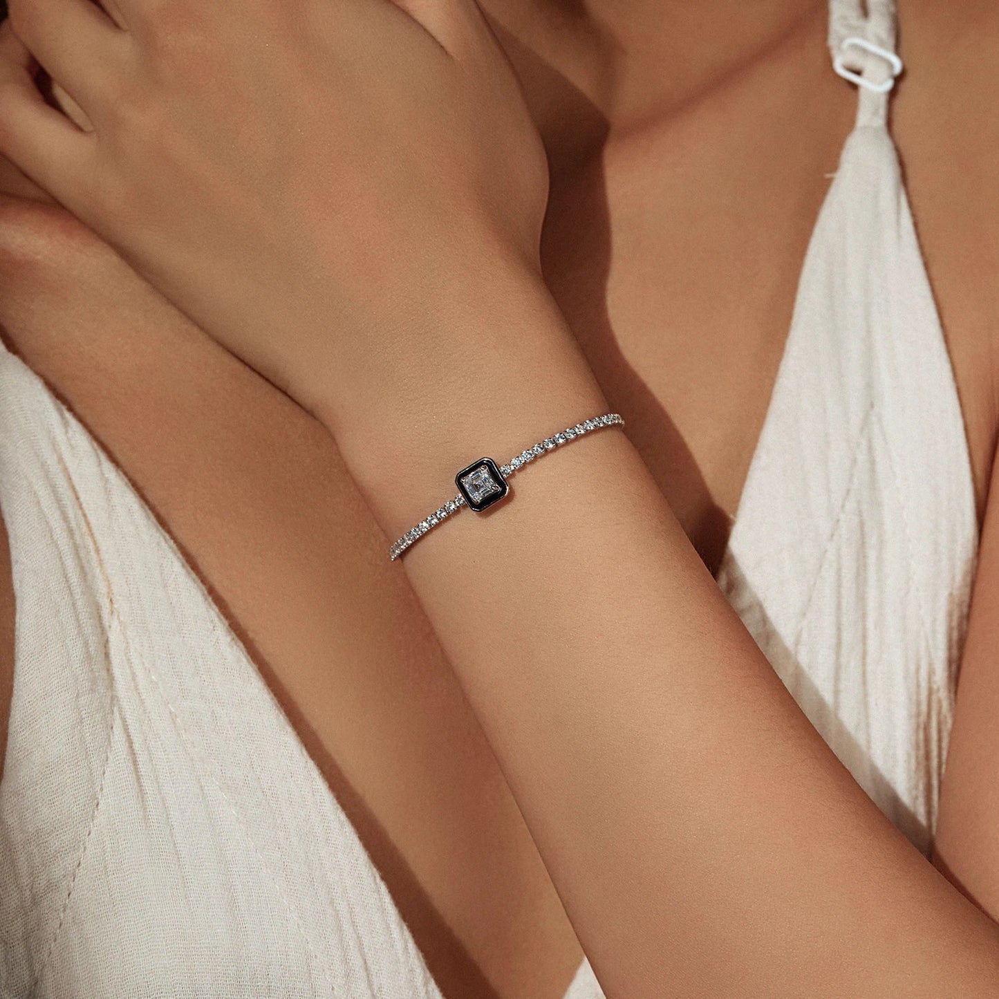 Black Enamel Bracelet 925 Sterling Silver Simple Square Zirconia Bracelet Fashion Tennis Bracelets For Women Fine Jewelry