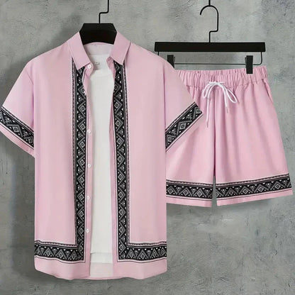 2024 New Men's Summer Holiday Suit Retro Textured Printed Border Shirt Short Sleeve Shorts Two Piece Men's Breathable Pool Suit