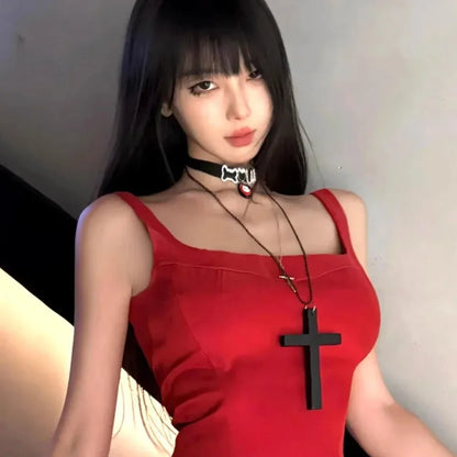 Fashion Punk Gothic Wood Cross Pendant Necklace for Women Men Halloween Vintage Black Hip Hop Y2K Accessories Party Jewelry Gift
