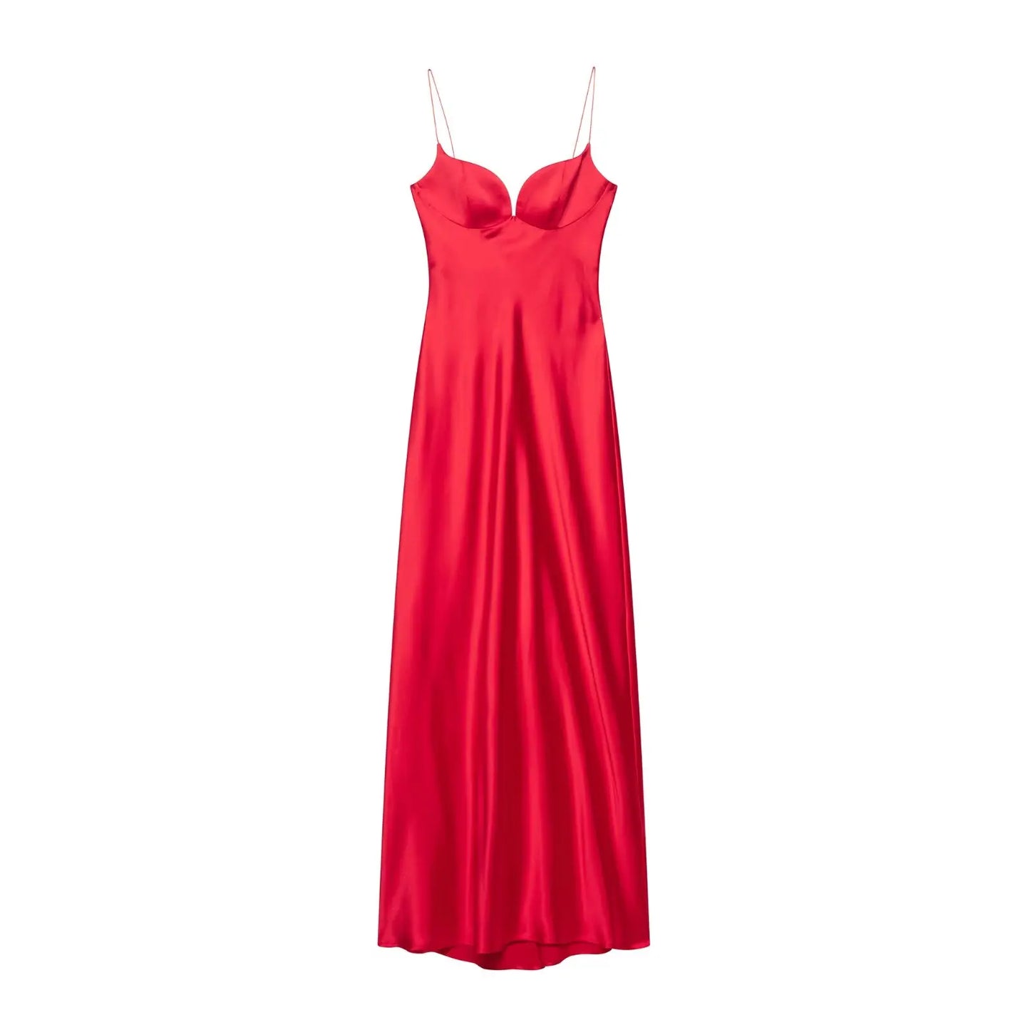 Women Red V-Neck Holiday Style Satin Texture Long Dress Sleeveless Summer Women's Back Zipper Fashion Sling Dresses