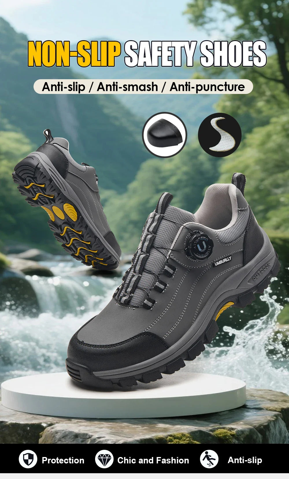 Men's Steel-Toed Safety Shoes With Anti-Crush, Anti-Puncture And Anti-Slip Soles, Fashionable Button Industrial Work Shoes