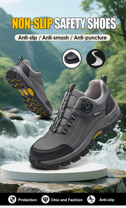 Men's Steel-Toed Safety Shoes With Anti-Crush, Anti-Puncture And Anti-Slip Soles, Fashionable Button Industrial Work Shoes