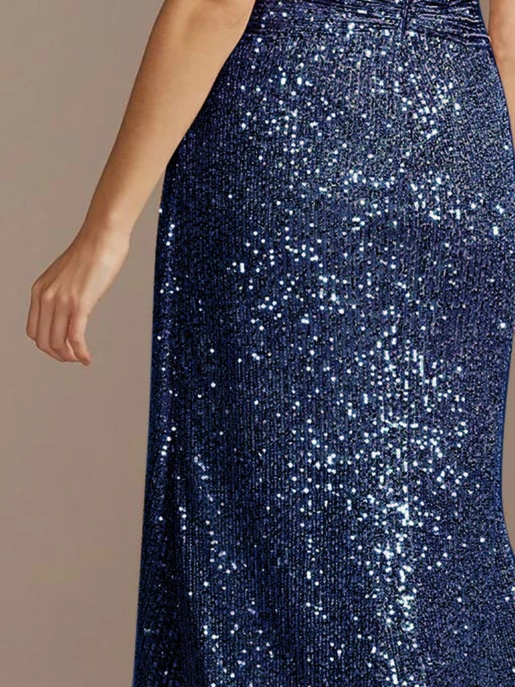 Luxury Blue Floor Length V-Neck Evening Dresses Women Elegant Wedding Party Maxi Sequins Short Sleeves Prom Cocktail Gowns