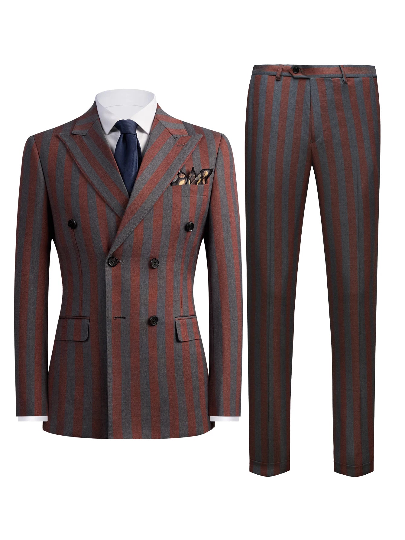 Men's 2-Piece Double Breasted Suit Set - Peak Lapel Striped Tuxedo Jacket & Pants, Formal Business Wedding Prom Attire