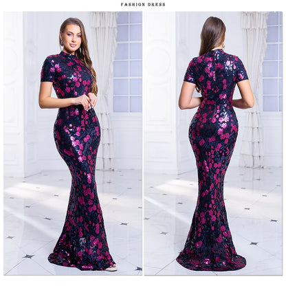 O Neck Short Sleeve Graduation Dresses Flowers Sequined Long Bodycon Stretchy Women Evening Dress Summer 2025