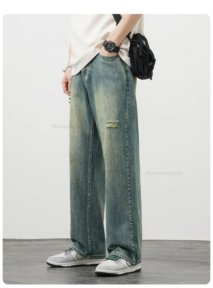 Korea Baggy Cargo Jeans Men Vintage Straight Ripped Y2k Pants Fashion Frayed High Street Distressed Denim Trousers Male Clothes