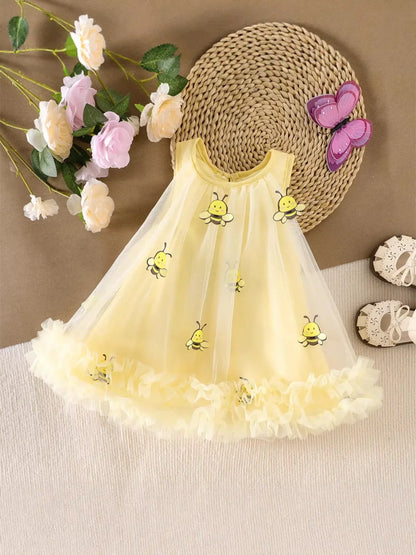 2026 Summer 12M-5Y Childrens Clothes Cute Bee Print Girls Dress with Tulle Skirt Sleeves Fluffy Dress for Girls