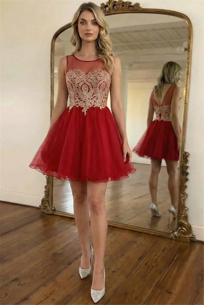 Vestidos Curtos Roxo de Baile com Apliques Dourados, Decote Ilusão A-Line, Mini Vestidos de Festa da Moda para Mulheres, Robe De Soirée