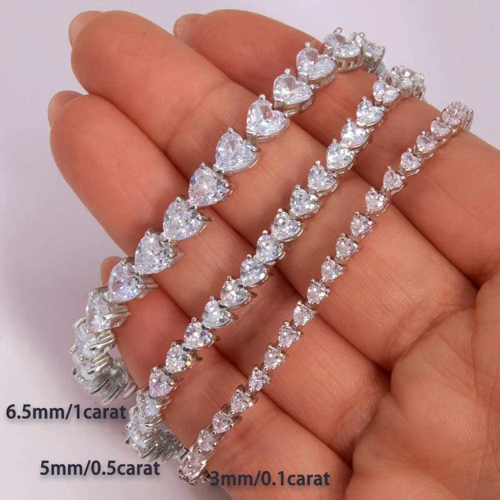 3/5/6.5mm Heart Cut Moissanite Tennis Bracelet with Certificates 925 Sterling Silver Sparkling Diamond Bracelets for Women