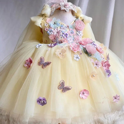 Vestido de princesa infantil borboleta com asas de malha fofa para meninas de 2 a 6 anos, vestido elegante para festa de aniversário com flores