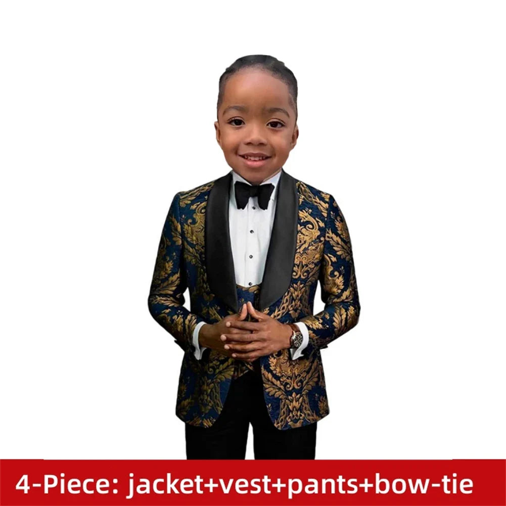 Ornate Jacquard Toddler Suit Set Jacket Pants Bowtie Kids Luxe Concert Tuxedo Ring Bearer Waist Adjustable 3-14 Yrs Suits Suitab