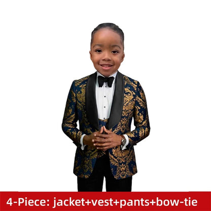 Ornate Jacquard Toddler Suit Set Jacket Pants Bowtie Kids Luxe Concert Tuxedo Ring Bearer Waist Adjustable 3-14 Yrs Suits Suitab