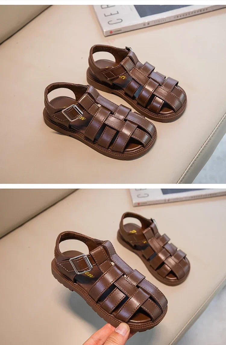 Children Hollow Out Shoes Boys Girls Roman Shoes British Style Non-slip Fashion Kids Toes Capped Shoes Peep Toe Solid Color