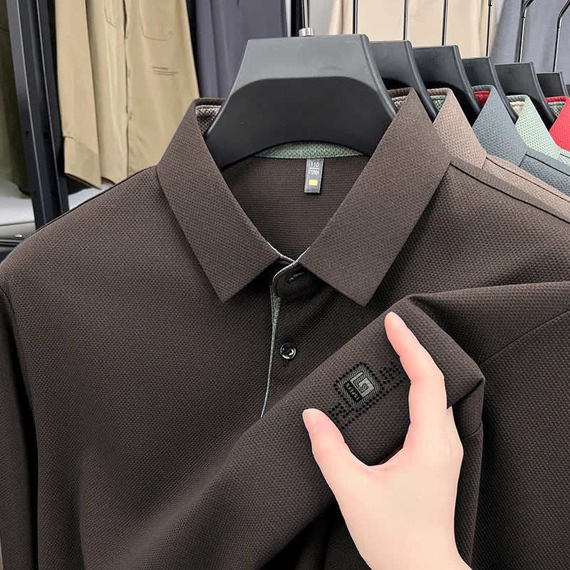 High End Brand Quality Men's Polo Shirt Autumn Exquisite Solid Color Letter Print Lapel Long Sleeve Business Classic Menswear