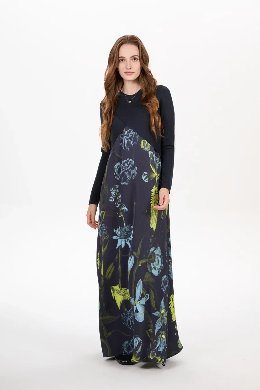 elegance slip satin dress + knitting cross top +mockneck woman clothing set adjustable maxi floor length