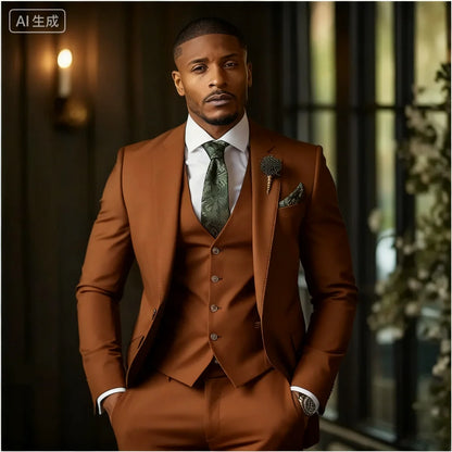 Green Emerald 3-Piece Men's Formal Tuxedo Elegant Jacket with Notched Lapel + Vest + Pants Wedding Groomsmen Smoking Suit