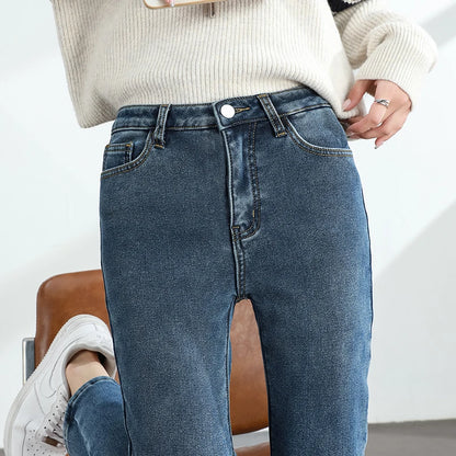 Calças Jeans Femininas de Inverno Quentes de Lã Retrô Elásticas Grossas Confortáveis Retas Modernas Coreanas Casuais de Veludo Denim
