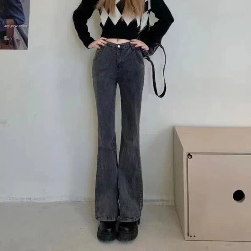 High Waist Vintage Flare Jeans Female Elastic Bell Bottom Pants