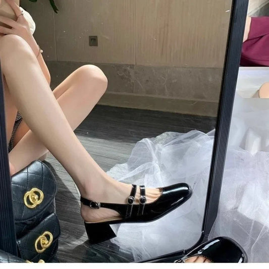 2025 Burgundy Mary Janes Square-Toe Double-Buckle Patent Leather Chunky Heel Shoes with Jean Styling
