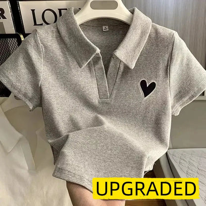 Loves Embroidery T-shirt Polo Collar Orthoshoulder Slim Hotsweet Women's Crop Top Korean Fashion Hottie Simple Casual Wholesale