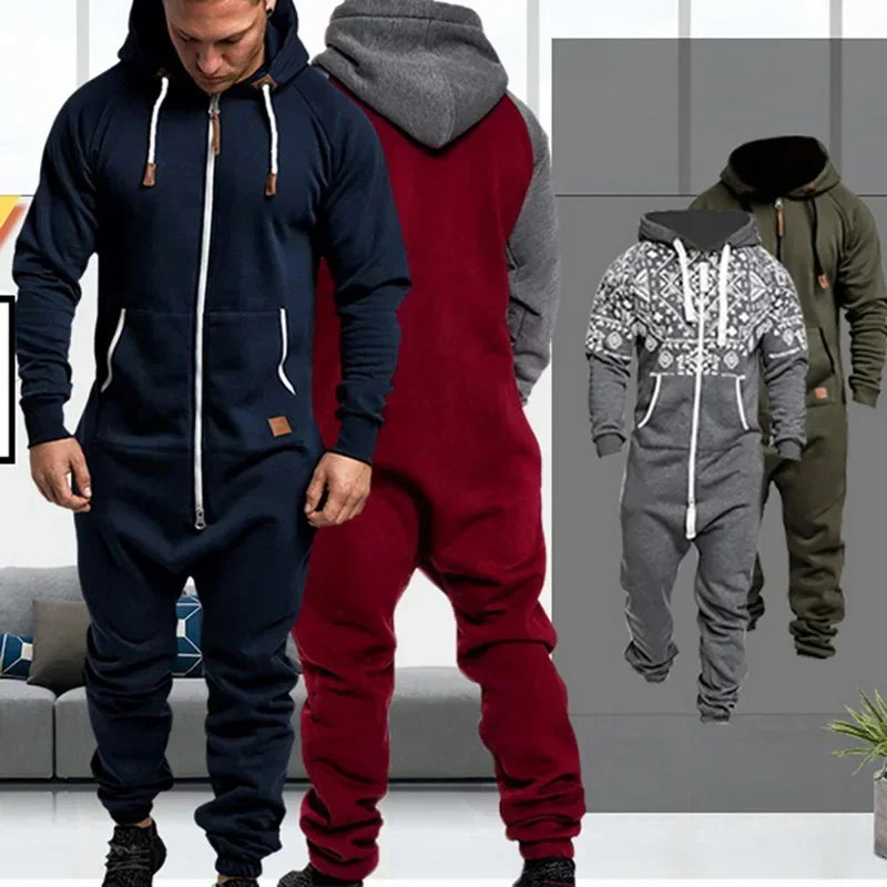 New Custom 3D Full Design Jumpsuit Pajamas Long-sleeved sports pants solid color splicing casual sweater men's zipper hoodie