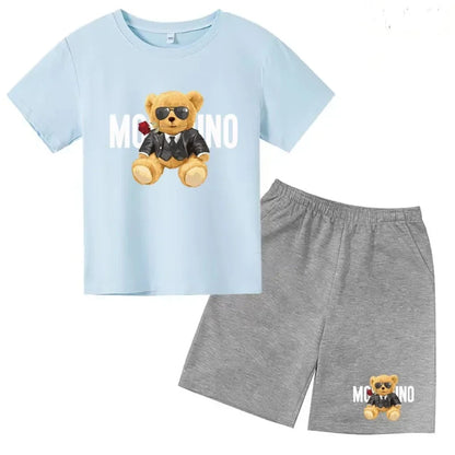 Boys Girls Summer Casual 2Pcs Set Lovely Bear Letter Print T-shirt & Shorts Comfortable Sports Running Suit