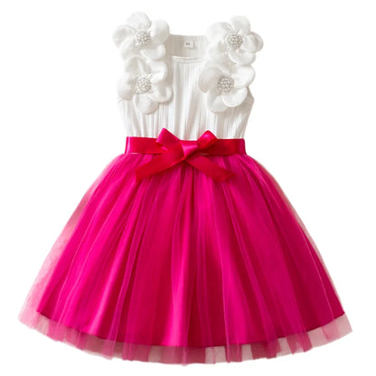 Girls Elegant Tulle Princess Dress Floral Decor Kids Vest Mesh Dress Children 2026 Summer Fanshion Clothing