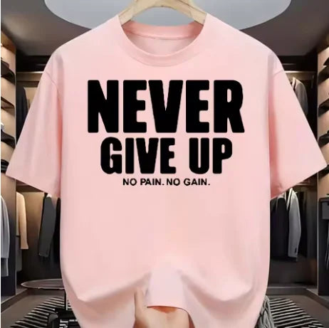 Men's Pure Cotton Fashionable Casual Loose  Sports Never Give Up Letter  Pattern Printed Round  Neck Short Sleeved  T-shirt Top.