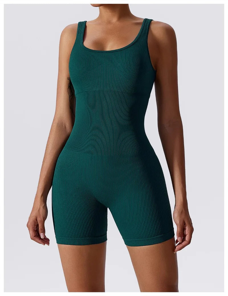 Women's Yoga Rompers One Piece Tummy Control Seamless Ribbed Jumpsuit Padded Sports Bra Workout Romper Fashion Fitness Sportwear