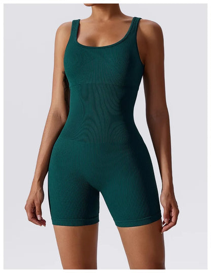 Women's Yoga Rompers One Piece Tummy Control Seamless Ribbed Jumpsuit Padded Sports Bra Workout Romper Fashion Fitness Sportwear